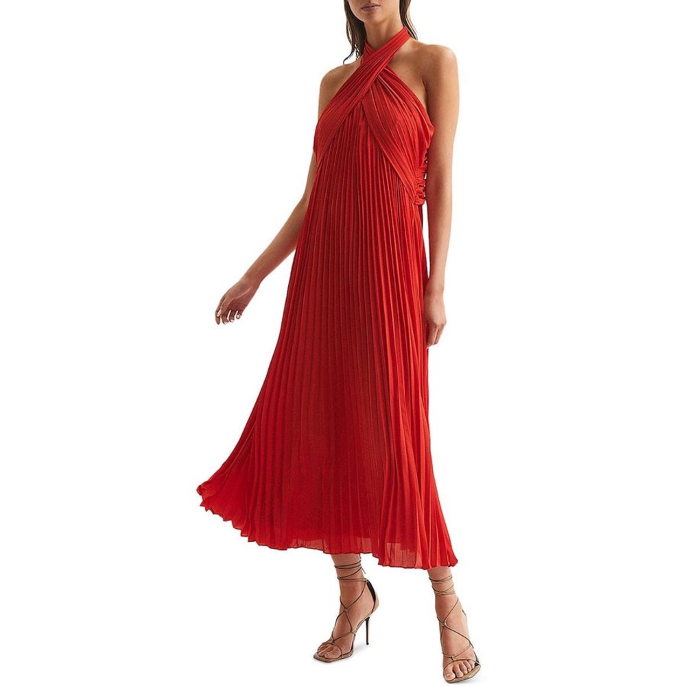 Reiss Roya Halter Pleated Cocktail Party Midi Dress Sz US 8